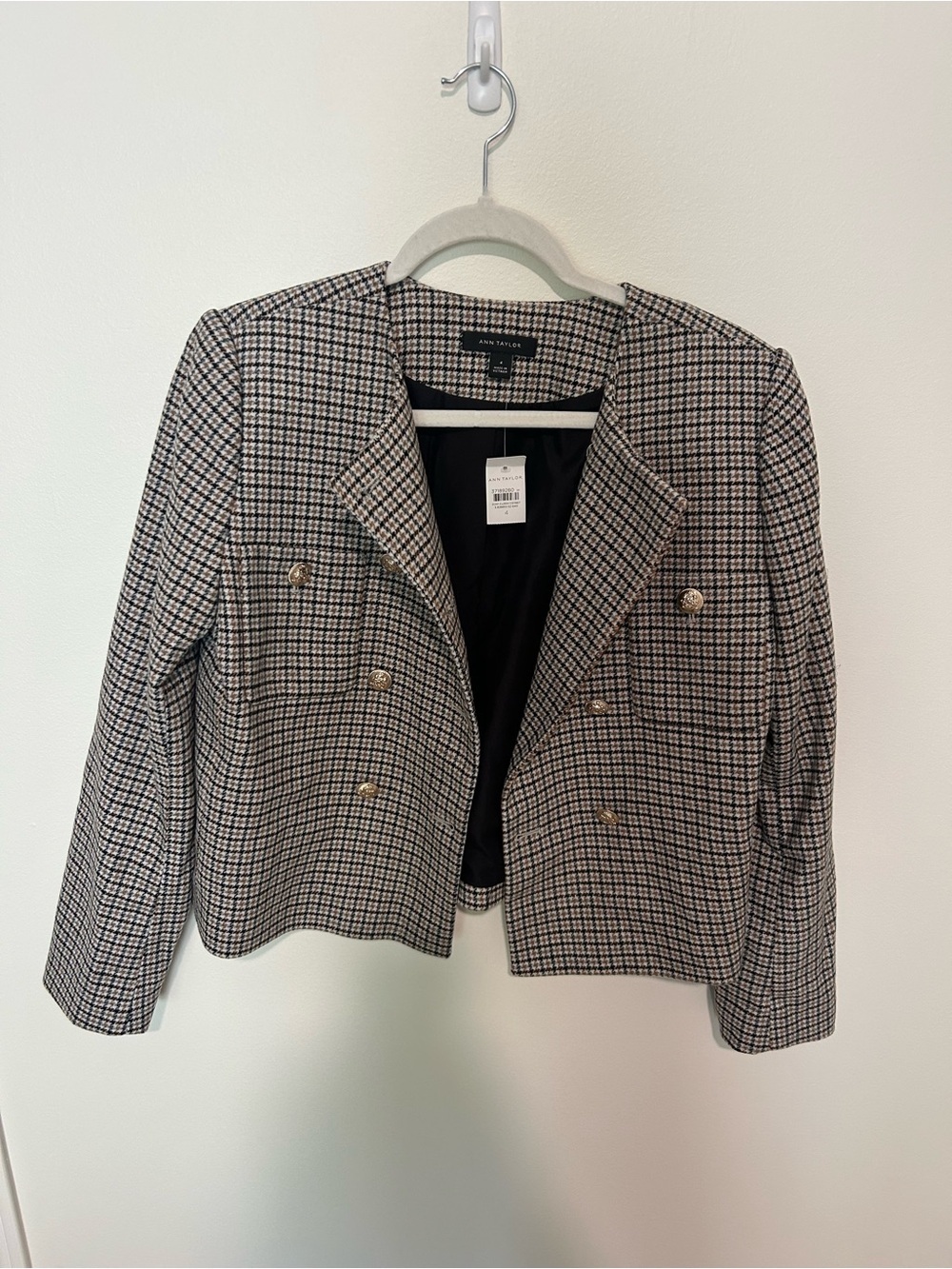 NWT Ann Taylor Cropped Plaid Double Breasted Jacket Gold Hardwear Size 4